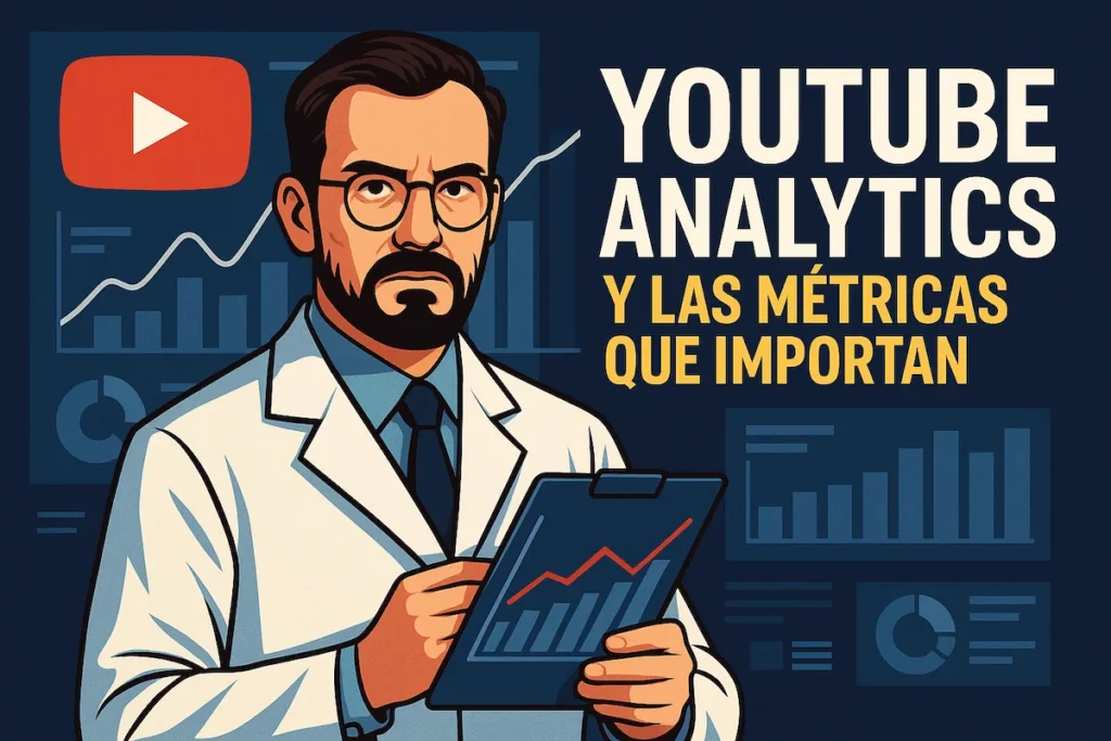 Ilustración digital de un científico analizando gráficos y métricas en pantalla, destacando la importancia del análisis de datos para YouTube. Ideal para representar cursos sobre YouTube Analytics.